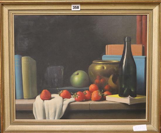 Christopher Cawthorn (1900-) oil on canvas, Still life of fruit, a bottle and books, signed, 40 x 50cm